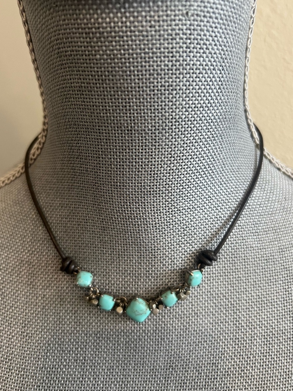 Fossil Leather Strap Necklace With Turquoise Color Stones